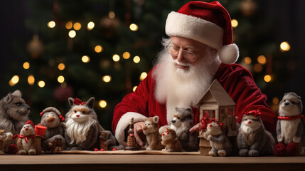 Wall Mural - Santa Claus arranging woodland animals with festive hats