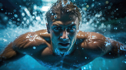 Wall Mural - Determined swimmer's finish line approach intense vivid blue water