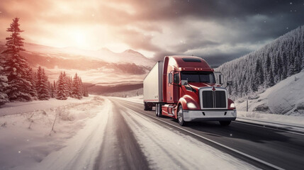 copy space, stockphoto, Extreme close up of a truck driving down a highway at snow day. Heavy truck on snowy and ice road. Dangerous weather condition for driving.