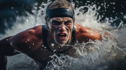 Canvas Print - Challenging open water swim swimmer against waves and dramatic sky