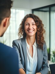 Happy business woman manager handshaking at office meeting. Smiling female hr hiring recruit at job interview. generative AI