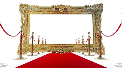 Wall Mural - 3D render of red carpet with golden barriers leading to a gold emty frame