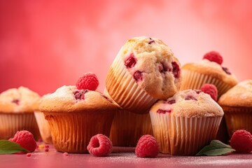 Sticker -  a close up of muffins with raspberries on a pink background with a few raspberries on the bottom of the muffin.