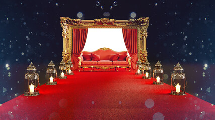 Wall Mural - 3D render of red carpet with lantern leading to red armchair with gold emty frame