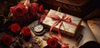 A vintage-style Valentine's gift box with Victorian floral patterns, beside an antique love letter and a quill pen.