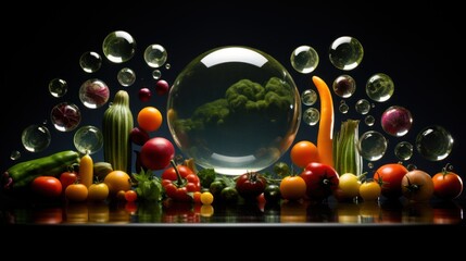 Wall Mural -  a group of fruits and vegetables with bubbles in the shape of a fish's eye on a black background.