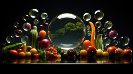 Poster -  a group of fruits and vegetables with bubbles in the shape of a fish's eye on a black background.