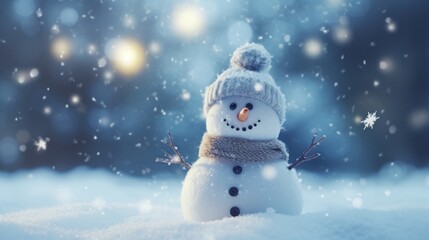 Poster -  a snowman with a knitted hat and scarf standing in the snow with snowflakes in the background.