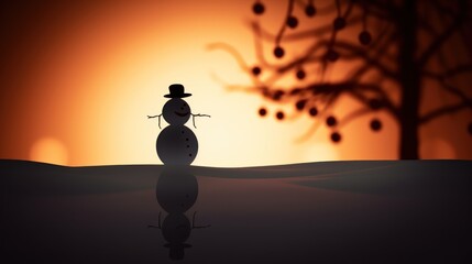 Poster -  a snowman standing in the middle of a field with a tree in the background and the sun in the distance.