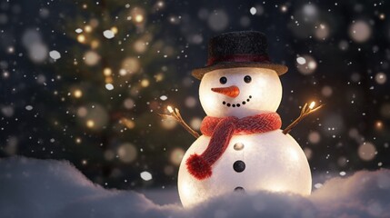 Poster -  a snowman with a red scarf and a black hat is standing in the snow with a christmas tree in the background.