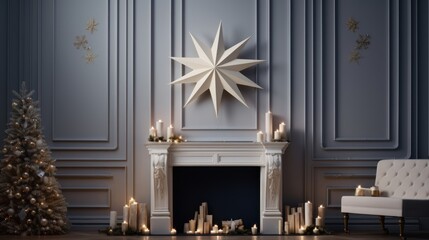 Poster -  a living room decorated for christmas with a star decoration on the wall and a fireplace with lit candles in front of it.