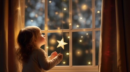 Poster -  a little girl is looking out of a window at the stars that are hanging from the window sill in front of her.