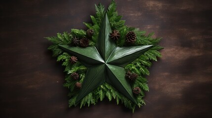 Wall Mural -  a star shaped arrangement of green leaves and pine cones on a brown background with a brown background and a brown background.