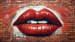 Lips painted on a brick wall as a symbol of love. Graffiti. Street Art Concept.