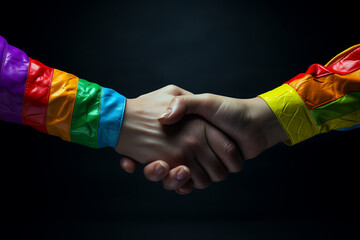 Wall Mural - Handshake between two caucasian people on a black background. Friendship, cooperation, trust and unity for LGBT+ community. Bothe people are wearing colourful clothes