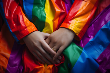 Wall Mural - Two caucasian people standing face to face and holing hand. LGBT couple stand close to each other in bright and colourful rainbow clothes