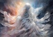 A mesmerizingly ethereal apparition, a digital specter materializes with a luminous glow on a watercolor canvas. The image depicts a stunningly detailed painting, showcasing an otherworldly ghost
