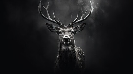 Poster -  a black and white photo of a deer's head with smoke coming out of it's antlers.