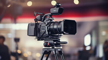 Video Camera On A Tripod. Professional Digital Video Camera. Recording From A Television Camera. Ai Generative