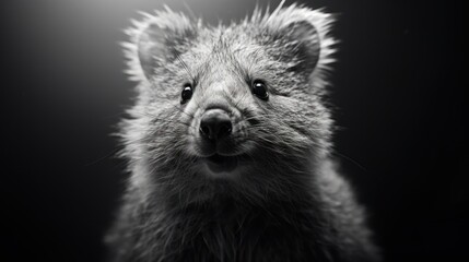 Poster -  a black and white photo of a rat looking at the camera with a light shining on it's face.