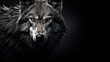  a close up of a wolf's face with an intense look on it's face and a black background.