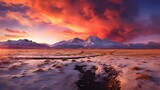 Fototapeta Sawanna -  a sunset view of a mountain range with a trail in the foreground and snow on the ground in the foreground.