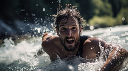 Wall Mural - Swimmer navigating rushing river dynamic motion determined expression striking image