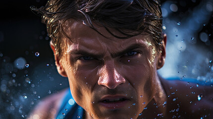 Sticker - Swimmer's focused flip turn preparation intense expression vivid blue water captivating image