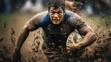 Fototapeta Sport - Rugby player evading tackles agility and speed break towards try line vivid pitch colors determined expression teamwork in rugby
