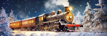 Panorama Of An Old Christmas Steam Locomotive Driving At Night Through A Dreamlike Snowy Landscape At Christmas Time