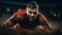 Rugby Player Evading Tackles Agility And Speed Break Towards Try Line Vivid Pitch Colors Determined Expression Teamwork In Rugby