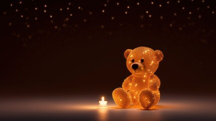 Wall Mural -  a teddy bear sitting next to a lit candle in a dark room with stars on the ceiling and on the ground.