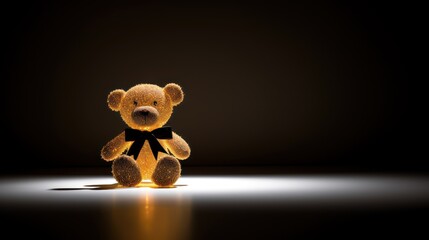 Poster -  a brown teddy bear with a black bow on its neck sitting on a black surface with a light shining on it.