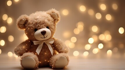 Sticker -  a teddy bear with a bow sitting in front of a blurry background with lights in the corner of the room.