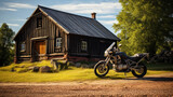 Fototapeta  - Motorcyclist beside rustic barn low angle with warm wooden colors. Sense of tranquility and rural serenity