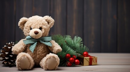 Canvas Print -  a teddy bear with a bow sitting next to a christmas tree and a gift box with a pine cone on it.