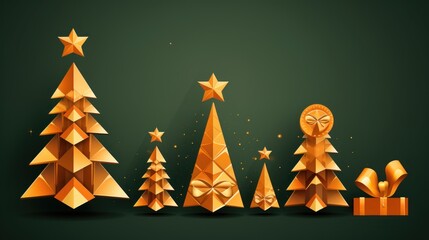 Poster -  a group of gold christmas trees on a dark green background with gold stars and a golden origami owl.