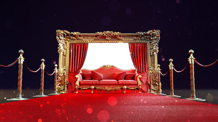 Wall Mural - red carpet leading to red sofa with golden barriers in front of a golden emty frame, 3d render