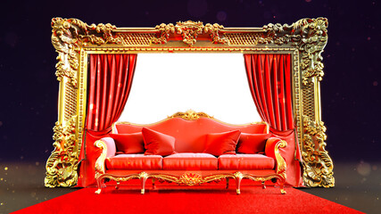 Wall Mural - red carpet leading to red sofa in front of a golden emty frame on dark background, 3D render