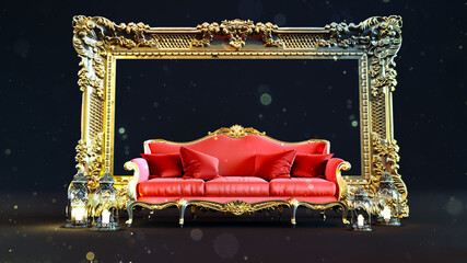 Wall Mural - red sofa with glowing lantern in front of a golden emty frame, 3D render