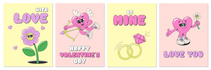 Set of Happy Valentine's Day greeting cards, posters or backgrounds in funky groovy style. Cartoon romantic 60s, 70s vector illustrations with lovely hearts, flowers, rings and text.