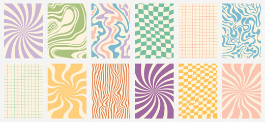 Wall Mural - Vector set of groovy hippie 70s backgrounds. Vertical retro posters. Chessboard, twisted, wavy,swirl, rays trendy backgrounds