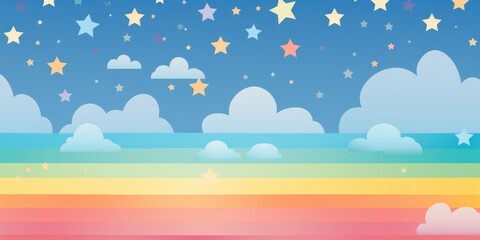 Wall Mural - Colorful cheery rainbow star background wallpaper. Children's cartoon bedroom design. Abstract sky cloudscape.