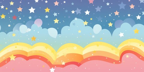 Canvas Print - Colorful cheery rainbow star background wallpaper. Children's cartoon bedroom design. Abstract sky cloudscape.