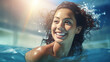 smiling woman in swimming pool, leisure and relaxation, carefree sunny day, fun and refreshing activity