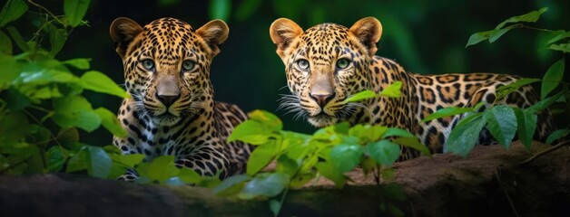 two adult indian male leopards in their natural habitat, set against a lush green background during 