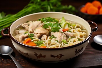 Wall Mural - A bowl of comforting chicken noodle soup with tender chicken and vegetables.