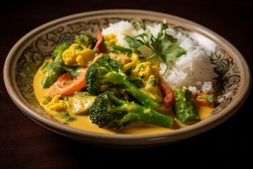 Wall Mural - A bowl of creamy coconut curry with vegetables and fragrant jasmine rice.