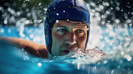 Wall Mural - Water polo player prepares powerful throw focused