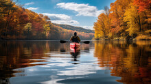Kayaker Exploring Calm River With Vibrant Autumn Foliage